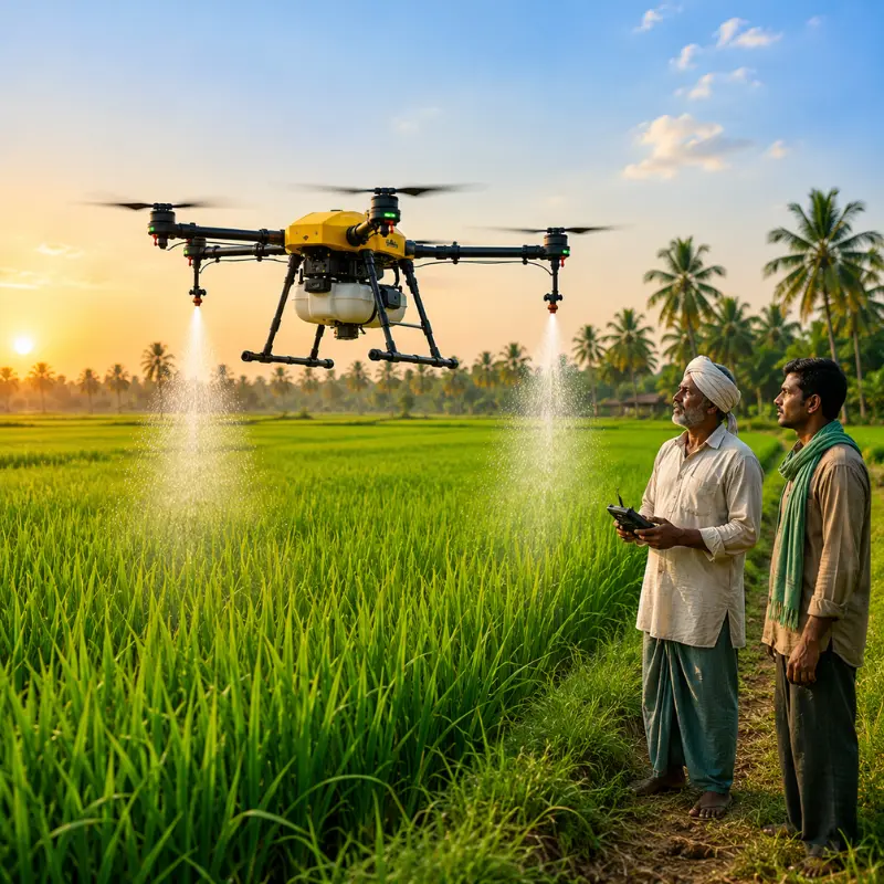 Drone spraying pesticide over paddy field